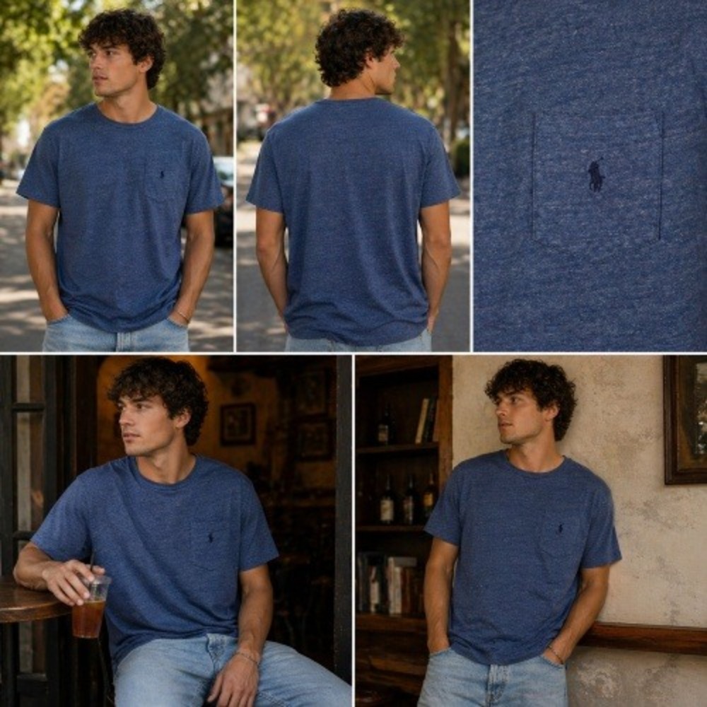 Polo Ralph Lauren Mens XL Blue Heathered Cotton Pocket T-Shirt SS Pony Casual